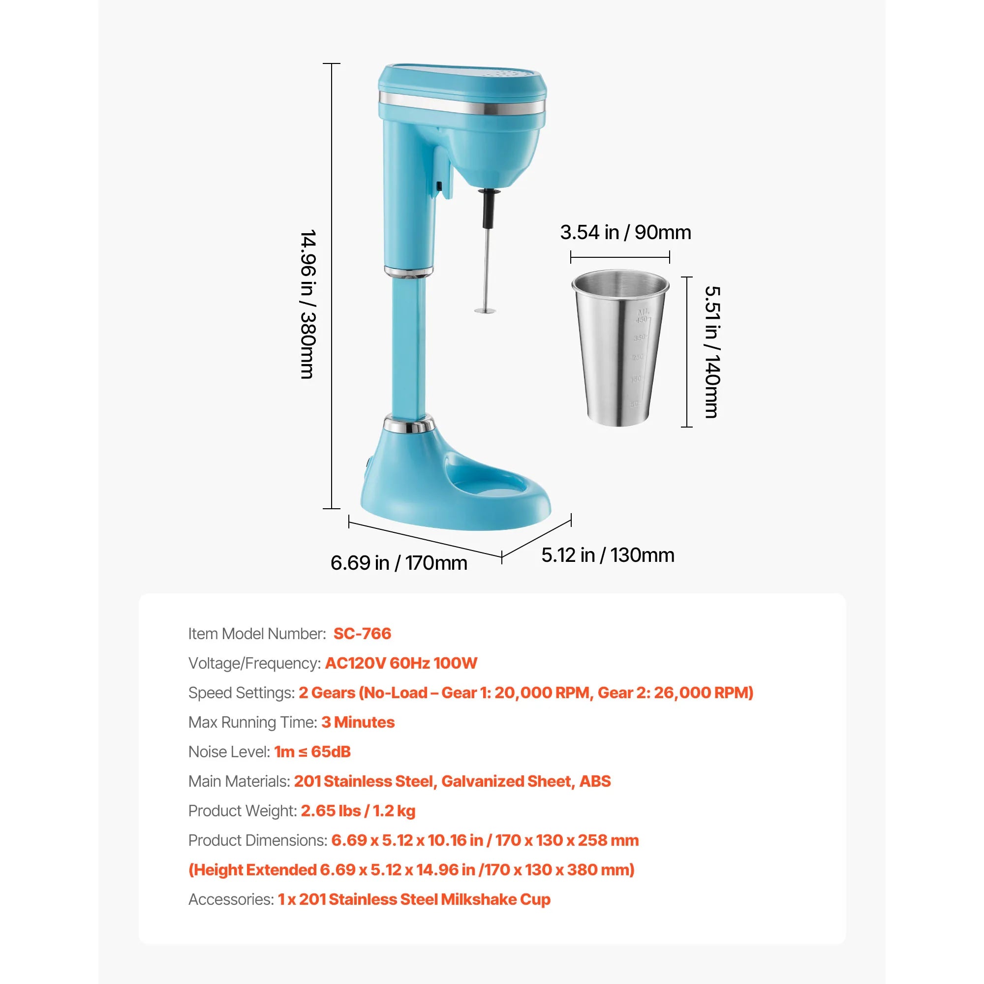 Milkshake Maker, Drink Mixer Blender Single Head Dual-Speed