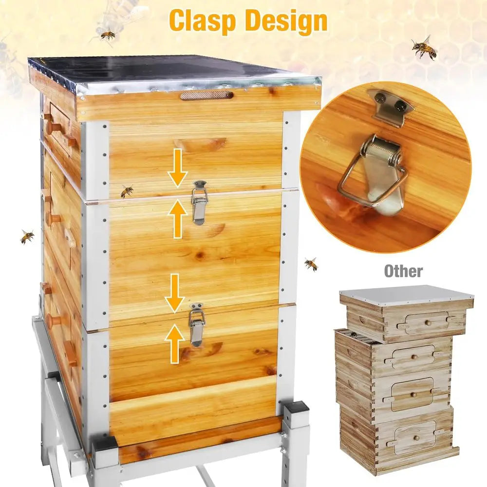 Bee Hive Boxes,3 Layer Metal Frame Bee House with 10 Medium and 20 Deep Frames & Foundations,Honey Bee Hive Starter Kit with Met