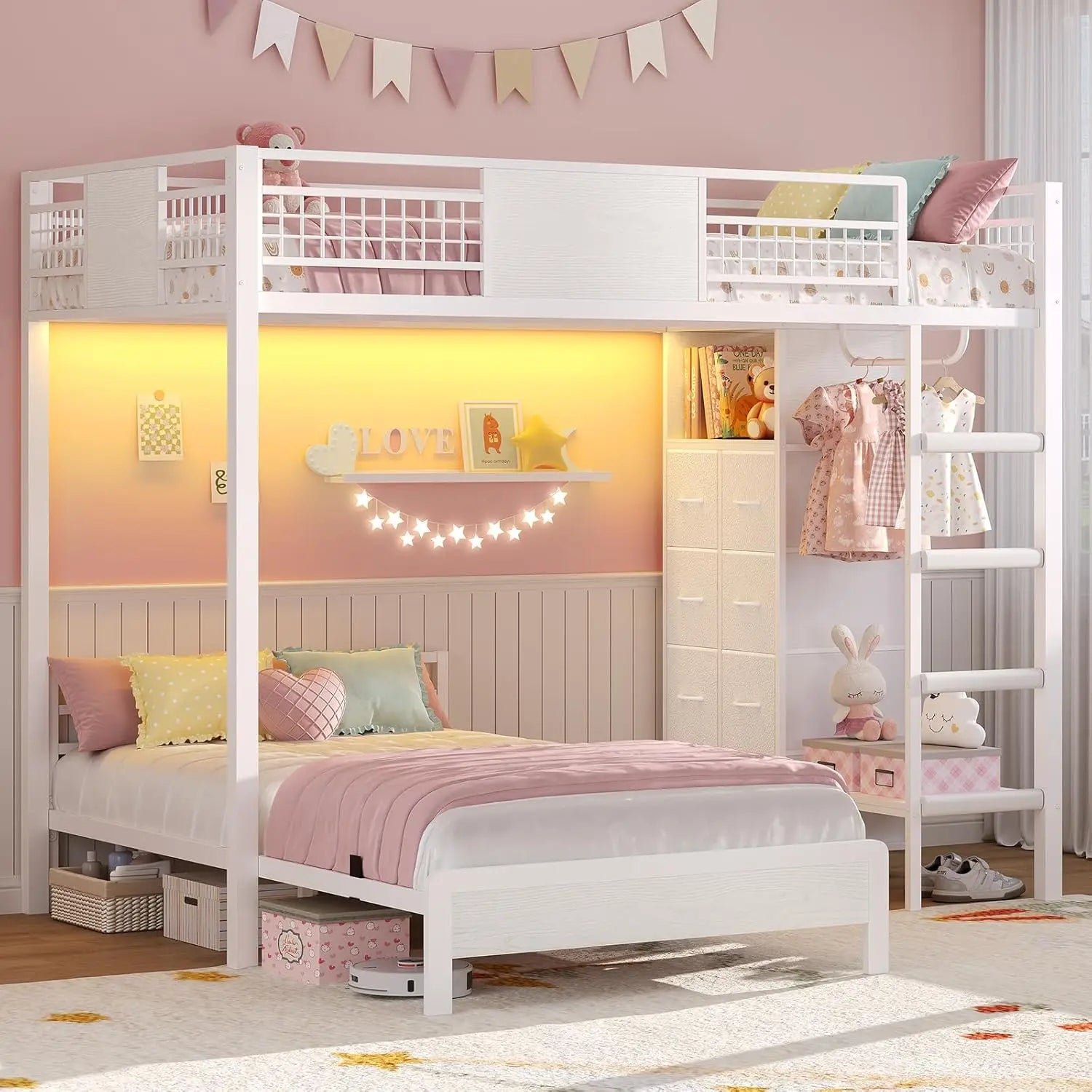 Bunk Bed Twin Over Twin Size with 8 Storage Drawers, Twin Bunk Beds with Led Lights & Storage Shelves, Metal Loft Bed , Black