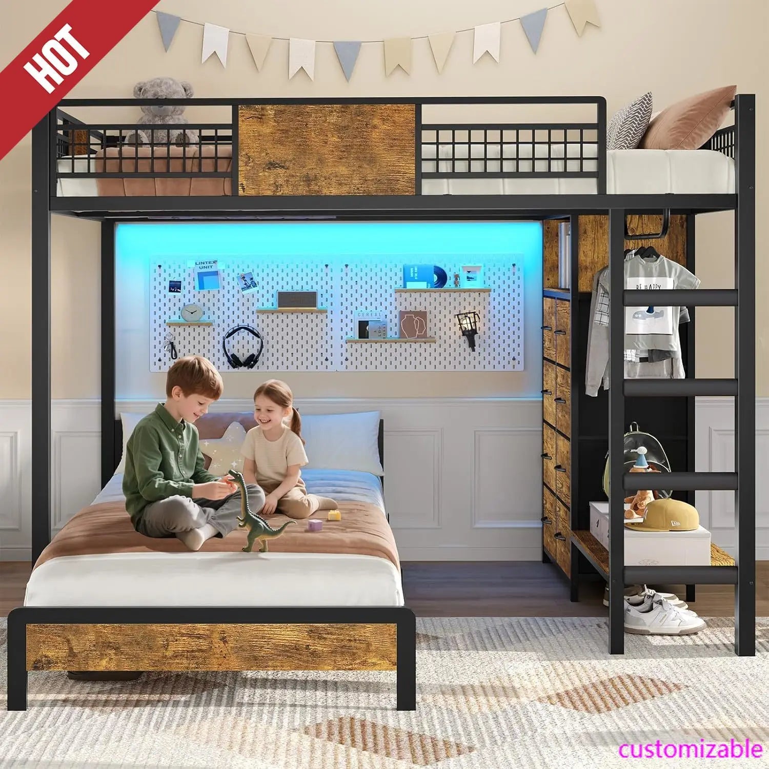Bunk Bed Twin Over Twin Size with 8 Storage Drawers, Twin Bunk Beds with Led Lights & Storage Shelves, Metal Loft Bed , Black