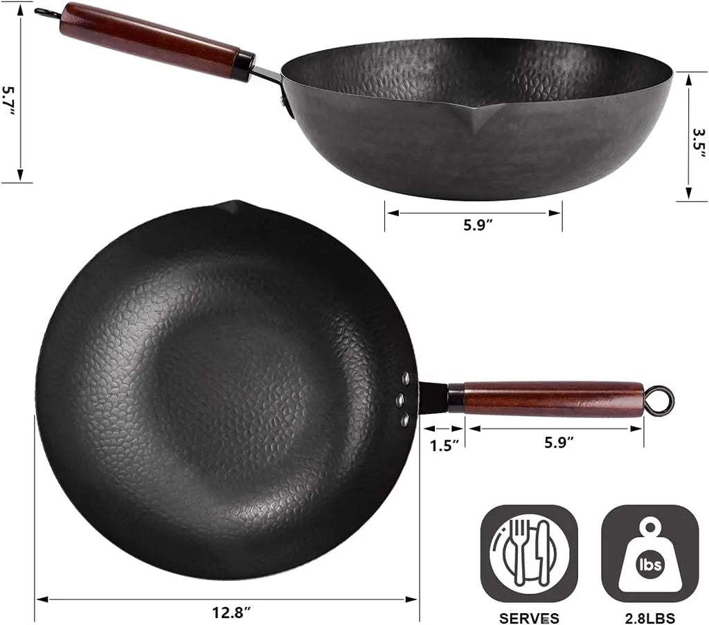 Wok Set w/ Wood Lid & 10 Utensils 12.8" Steel Flat Bottom