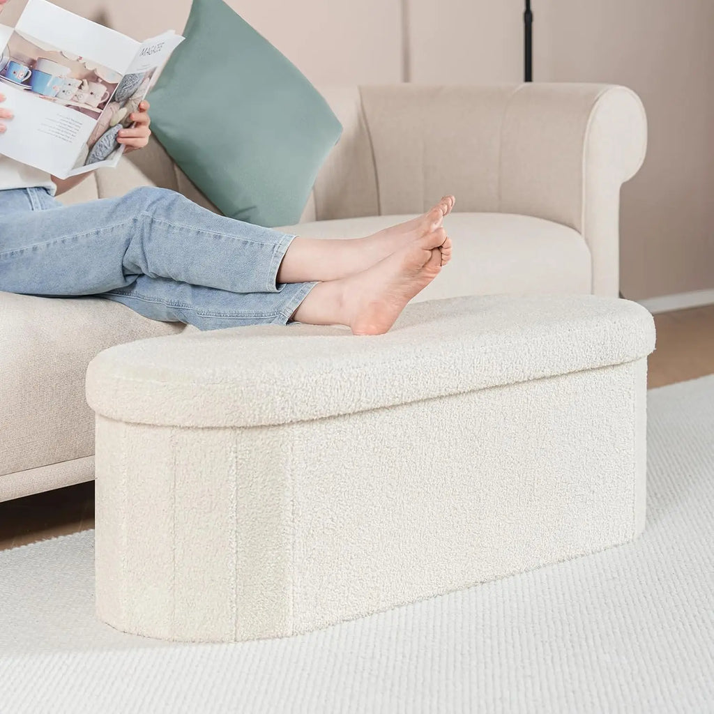 Foldable Storage Ottoman Bench with Sherpa Fabric, 43.3 Inches White Foot Rest for Living Room and Bedroom