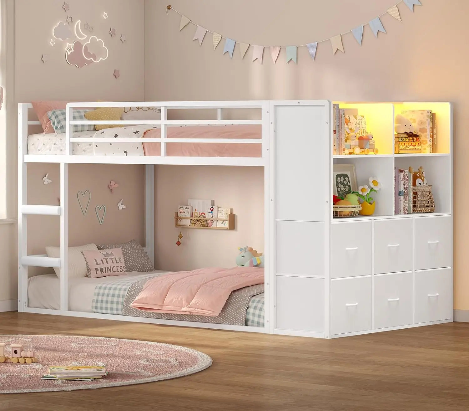 Bunk Bed Twin Over Twin with 6 Large Fabric Drawers & 4 Wooden Storage Bookshelf Organizer, Metal Low Bunk Bed for, Customized