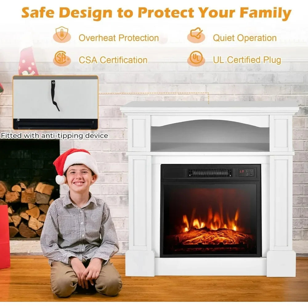 32 Inch Freestanding Electric Fireplace with Mantel, Realistic Flame, Thermostat, 3-Level Brightness, and Remote Control