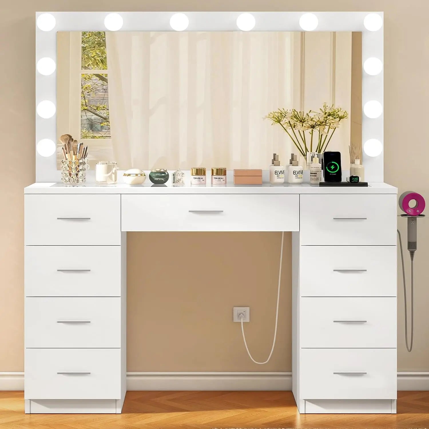 Large Vanity Desk with LED Mirror & Power Outlet 7 Drawers 4 Shelves 5 Hooks Bedroom Bathroom White, Customized