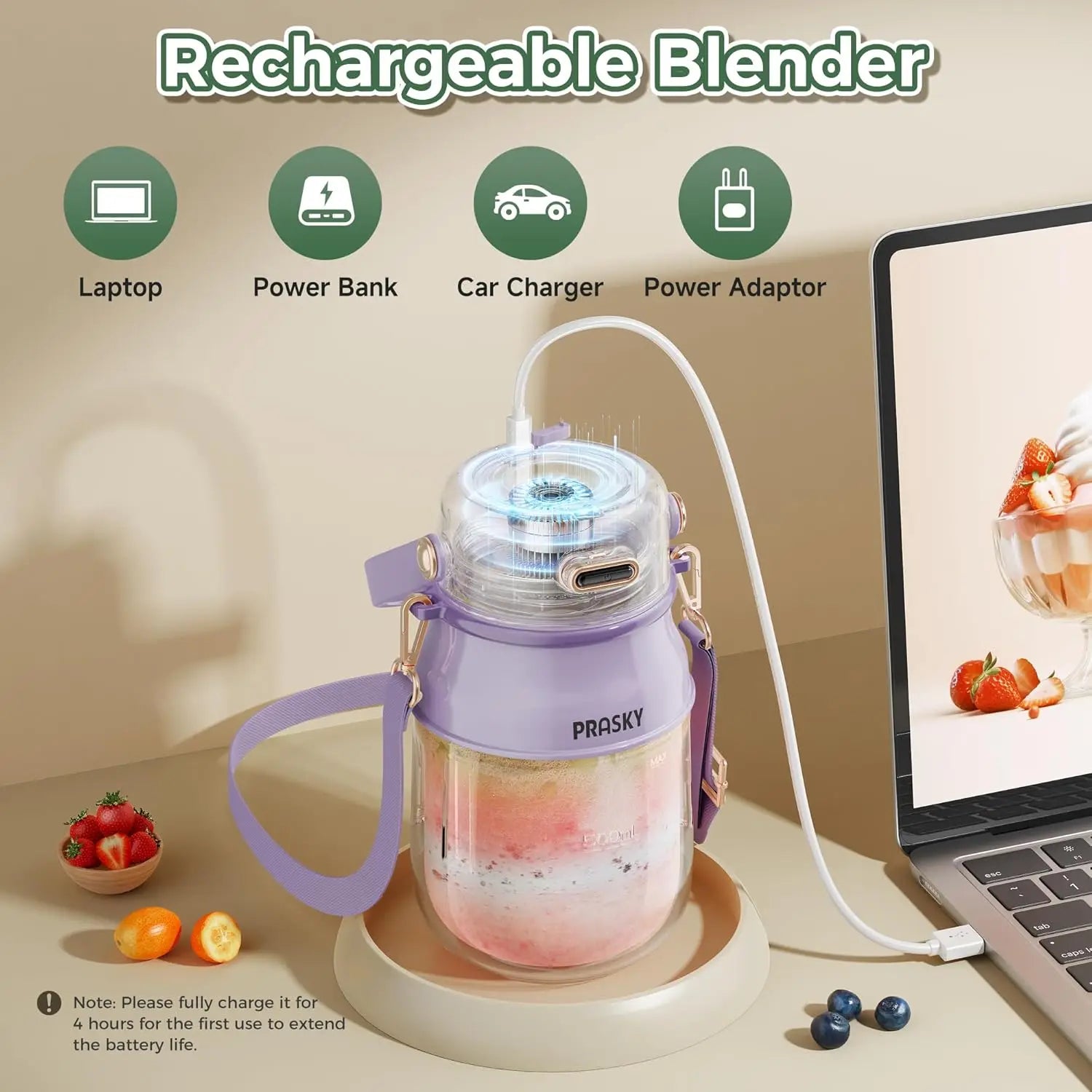 Blender w/ Lid & Strap, 27oz USB-C Rechargeable Smoothie BPA-Free, Purple