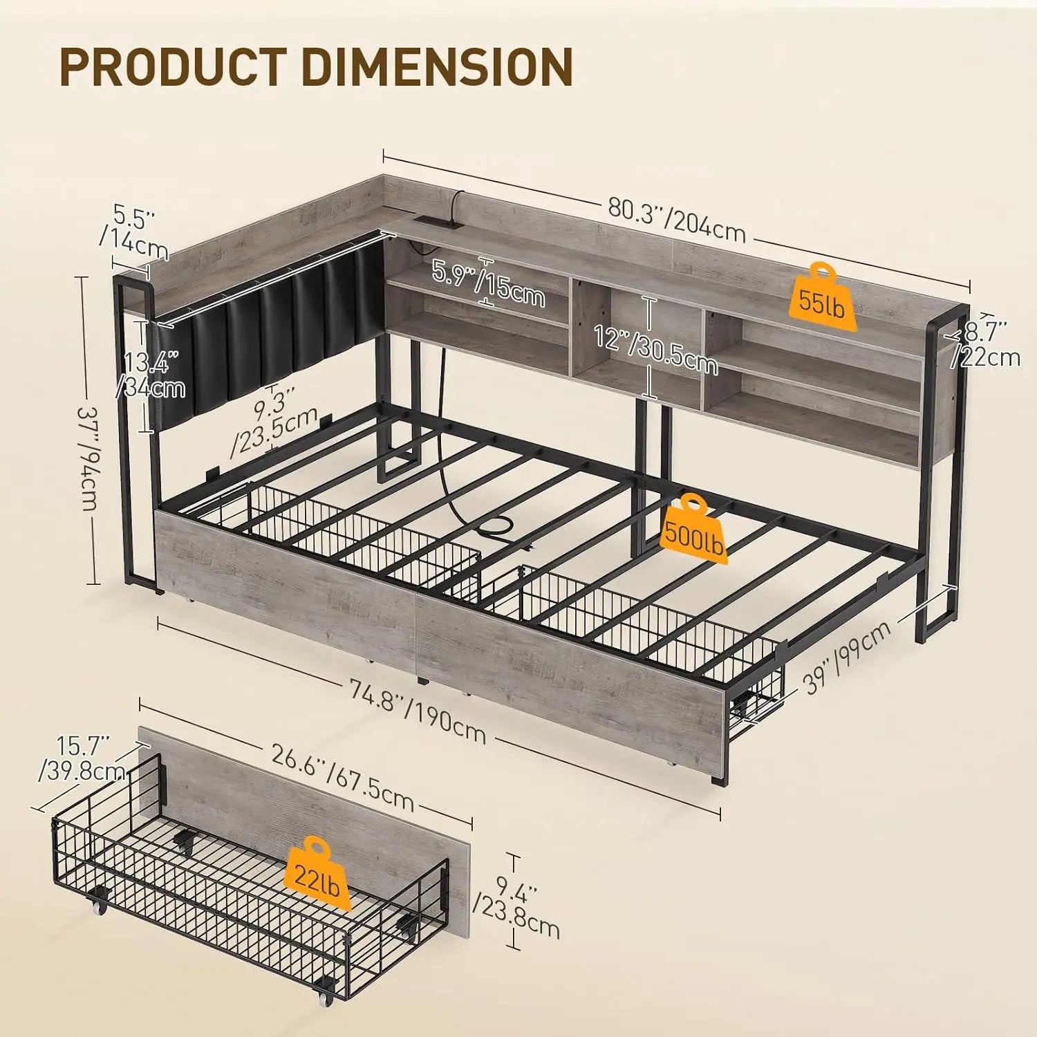 Corner Bookcase Twin Daybed PU Upholstered 2 Drawers Charging Station Metal Frame Bedroom Guest Gray Black, Customized