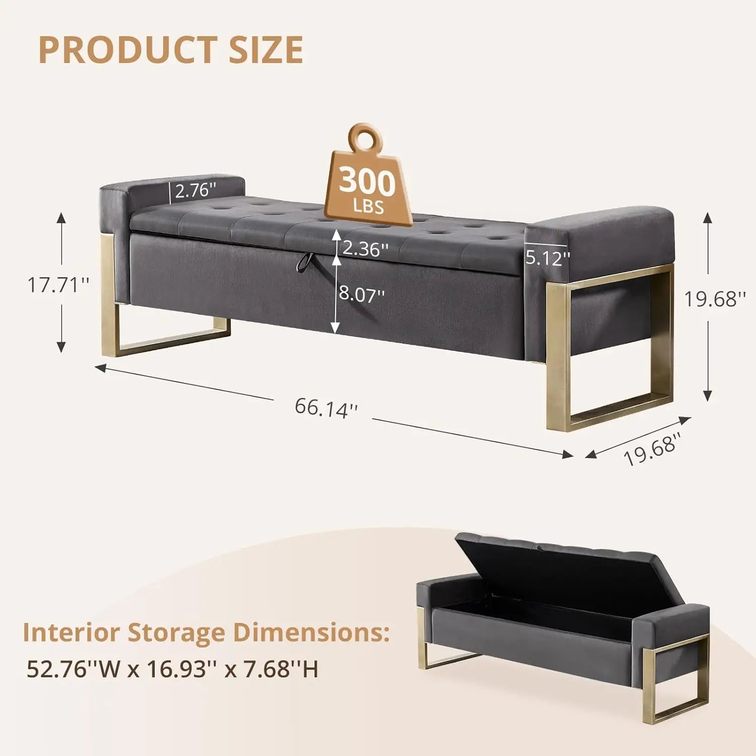 Ottoman Storage Bench, 67'' Upholstered Velvet