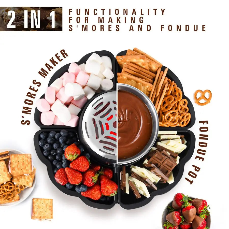 Fondue Set, Smores Maker Electric Tabletop Indoor Kit, 4 Trays & Forks