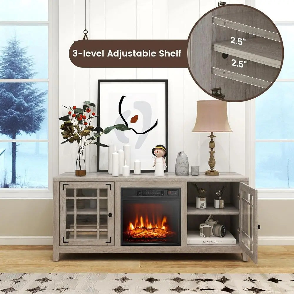 Electric Fireplace Stand with 18 Center, Remote & Thermostat, Adjustable Shelves for Home Entertainment Customized
