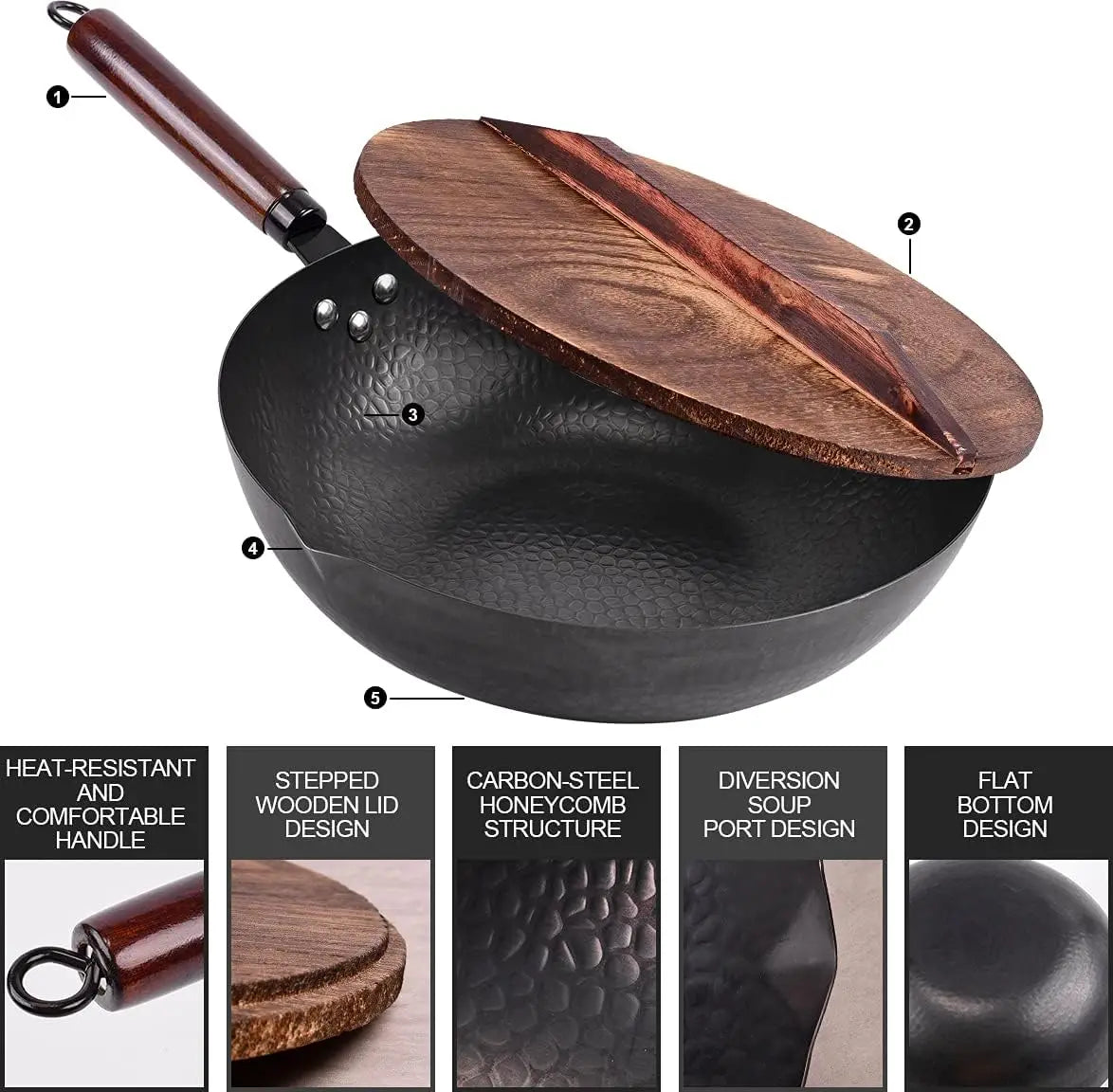 Wok Set w/ Wood Lid & 10 Utensils 12.8" Steel Flat Bottom