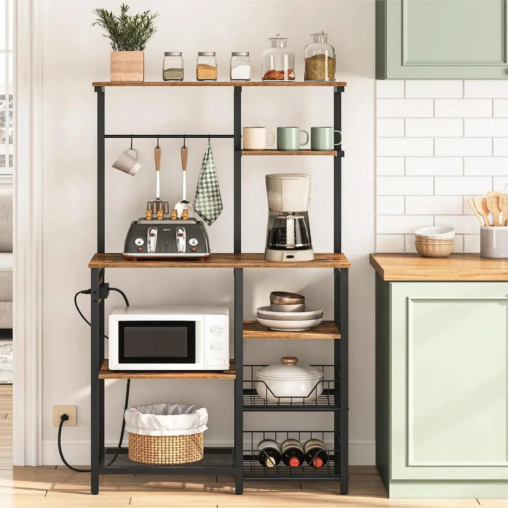HOOBRO Large Bakers Rack with Power Outlets, 6-Tier Microwave Stand with 4 Hooks, Coffee Bar, Kitchen Shelf with Wire Basket, fo