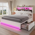 Modern Velvet Platform Bed with LED Lights, Storage Drawers, and Charging Station in Creamy White