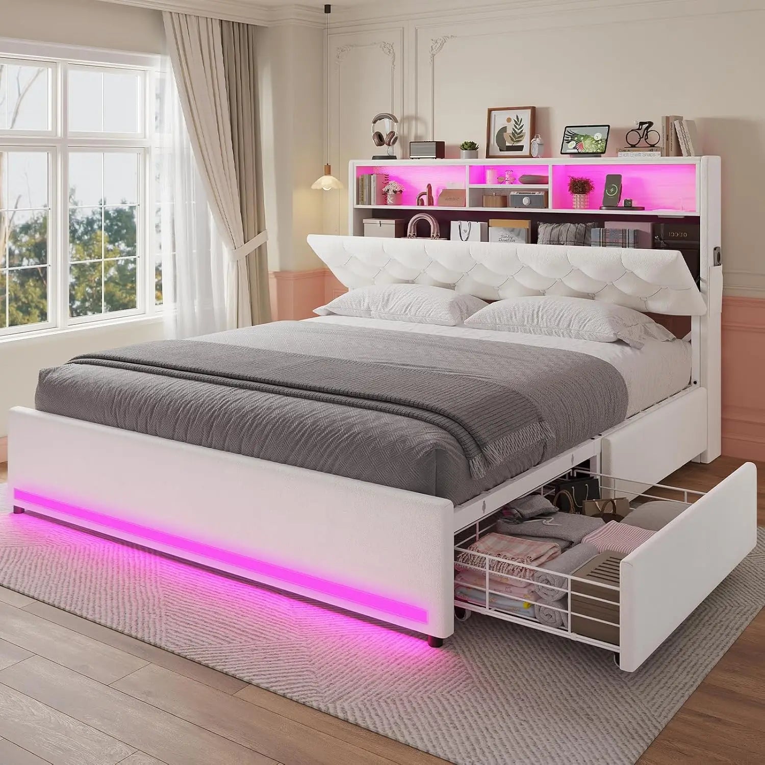 Modern Velvet Platform Bed with LED Lights, Storage Drawers, and Charging Station in Creamy White