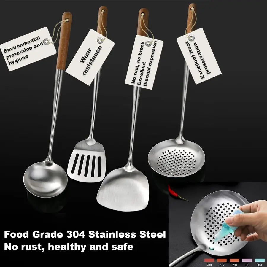 Wok Utensils, Stainless Steel 4 Pieces 17 Inch Wood Handle