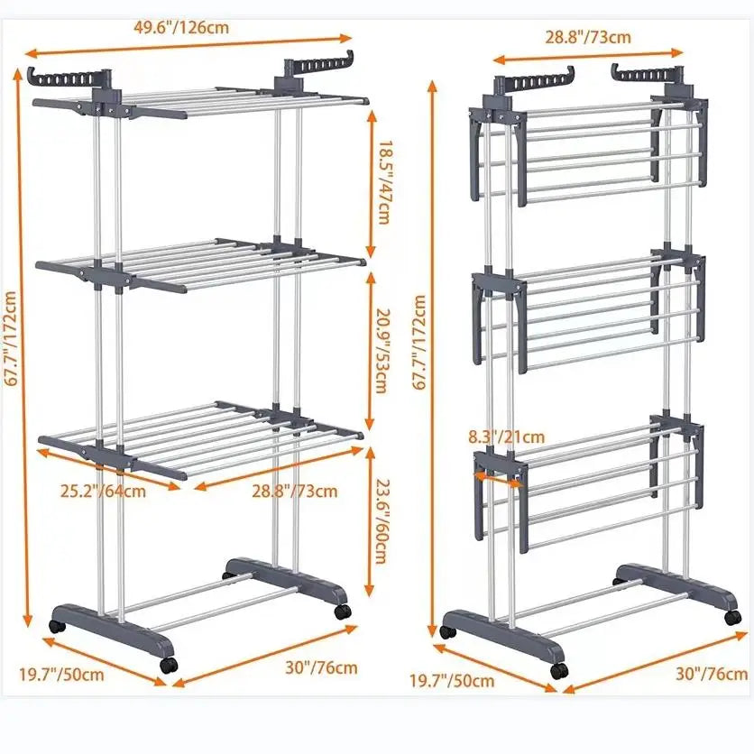 4-Tier Clothes Drying Rack Foldable Expandable Rack Large Movable with Wheels Space Saving Multi-functional Indoor & Outdoor