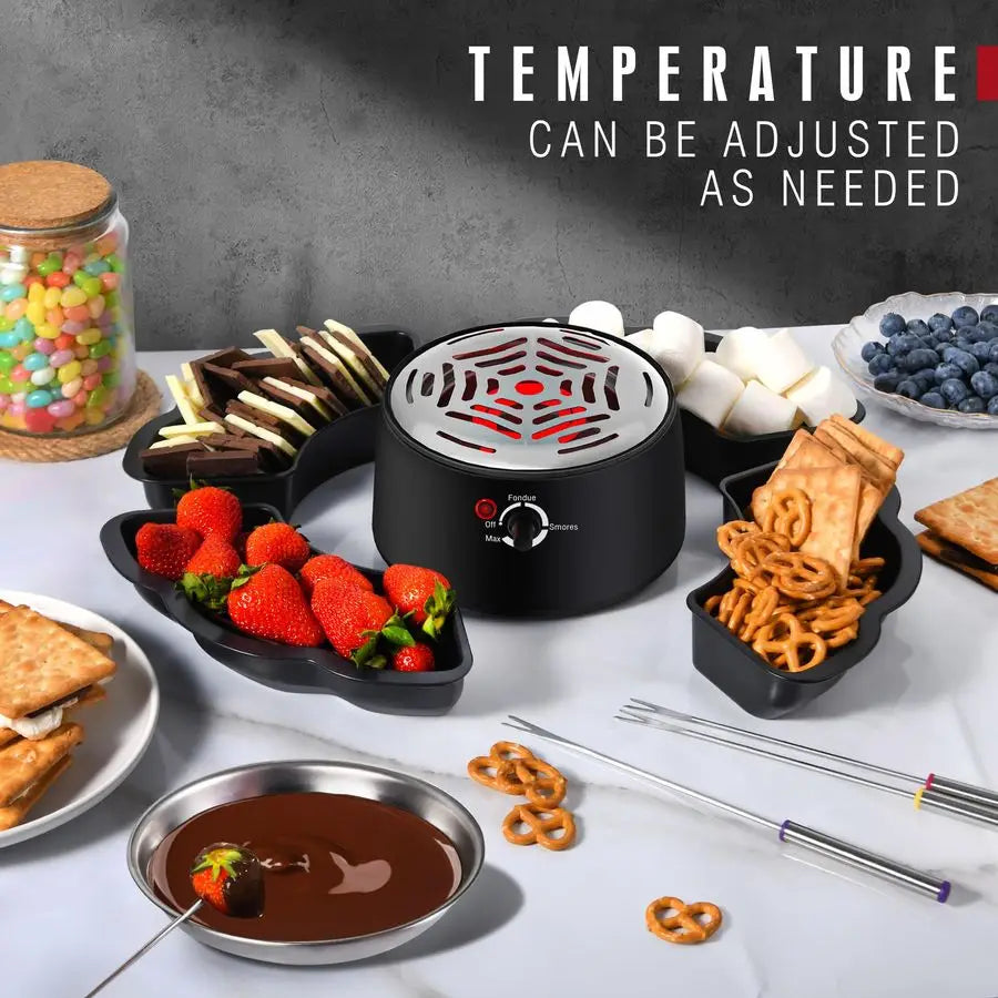 Fondue Pot & Smores Maker, Electric Tabletop Indoor kit w/ 4 Forks, 4 Trays