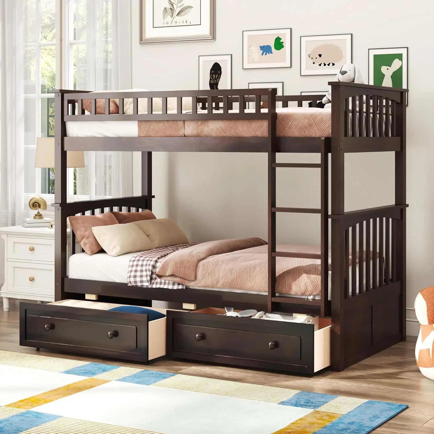 Convertible Twin Bunk Bed with Storage Drawers & Ladder Separates into Two Daybeds Wood Frame White Customized