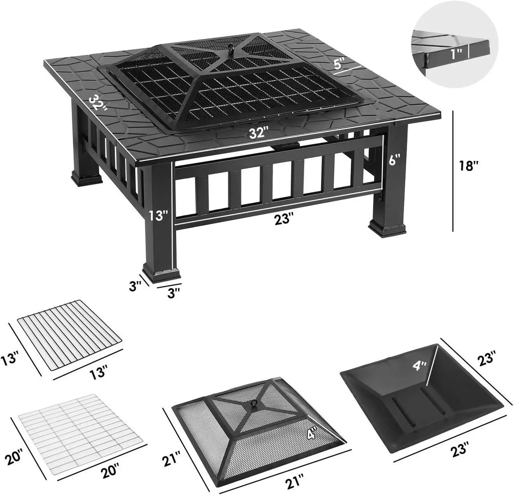 Fire Pit Table 32" Wood Burning Grill w/ Spark Screen Poker