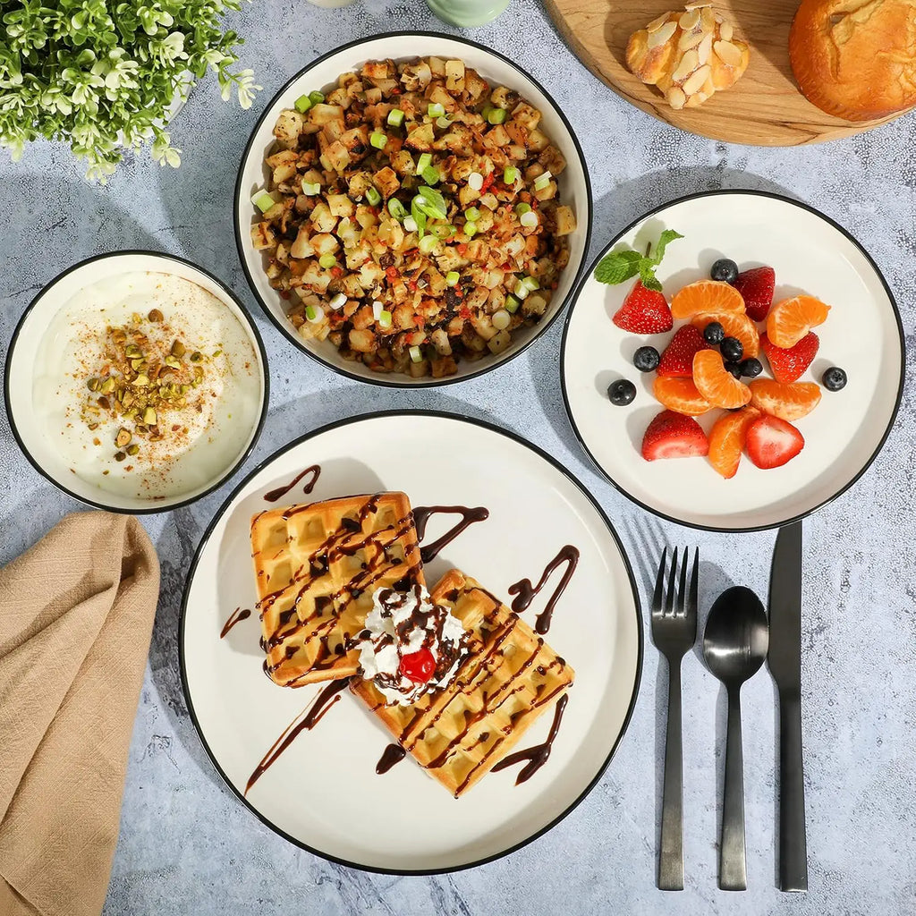 16-Piece Porcelain Dinnerware Set for 4, White Plates with Black Rim, Microwave & Dishwasher Safe