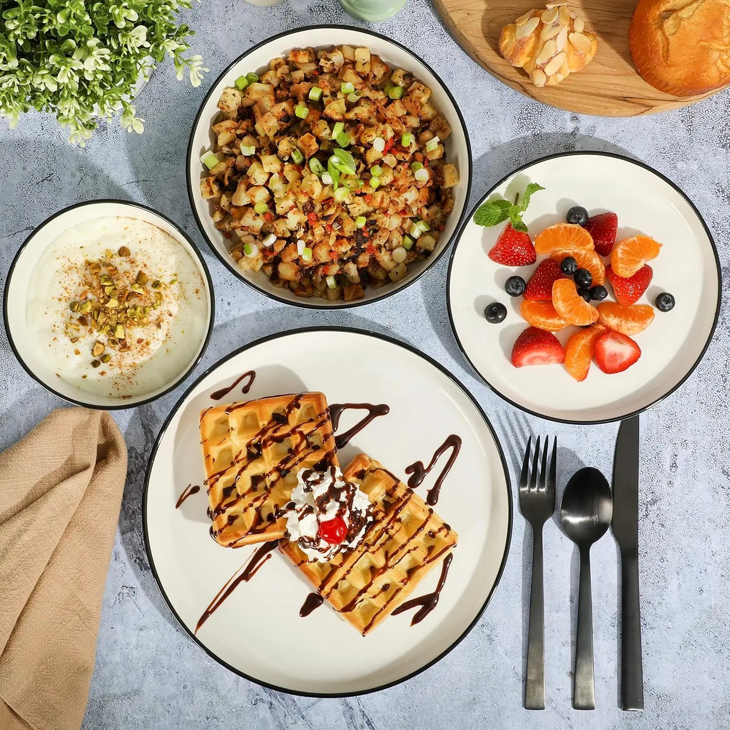 16-Piece Porcelain Dinnerware Set for 4, White Plates with Black Rim, Microwave & Dishwasher Safe