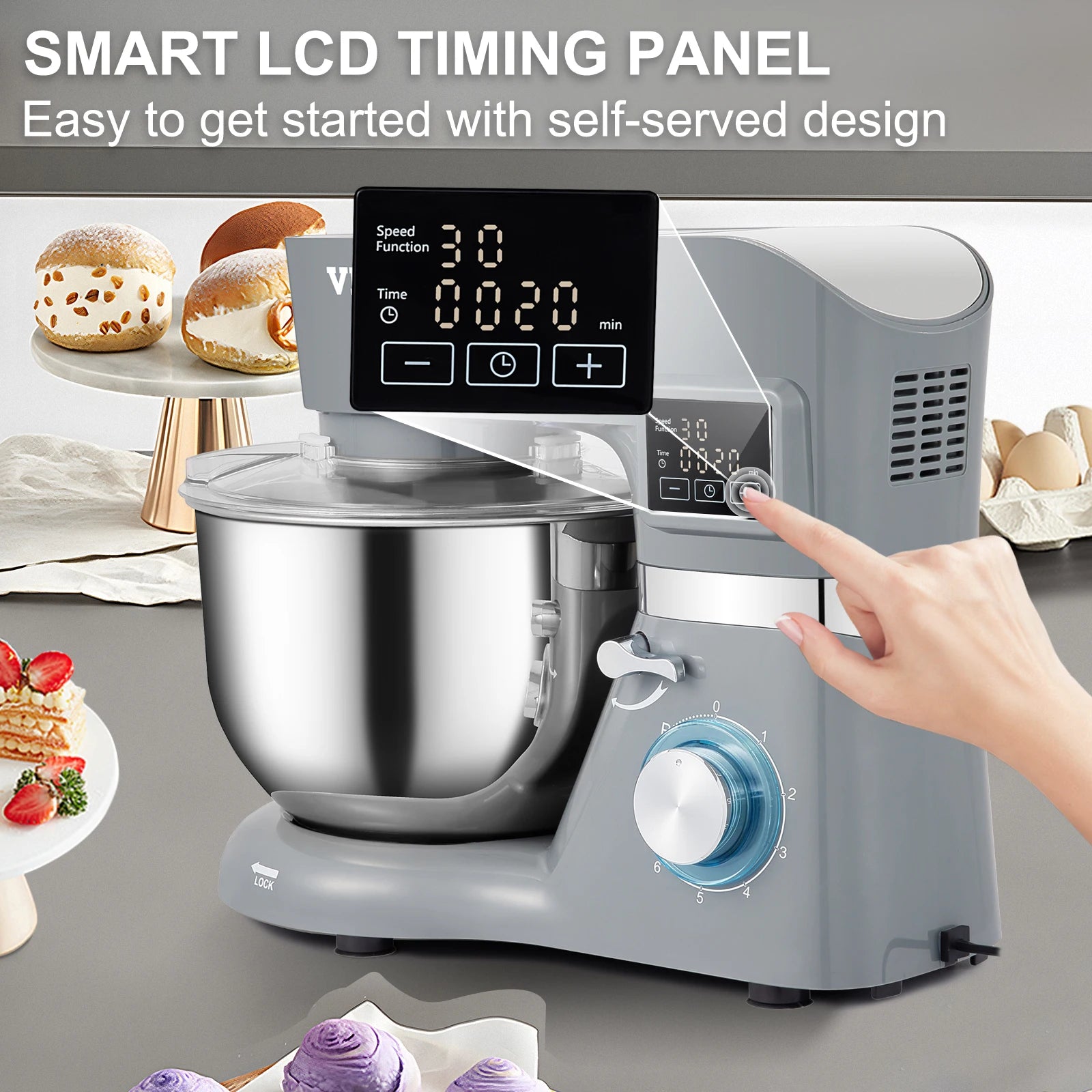 Mixer, Electric Dough Mixer Stand w/ 6 Speeds LCD Stainless