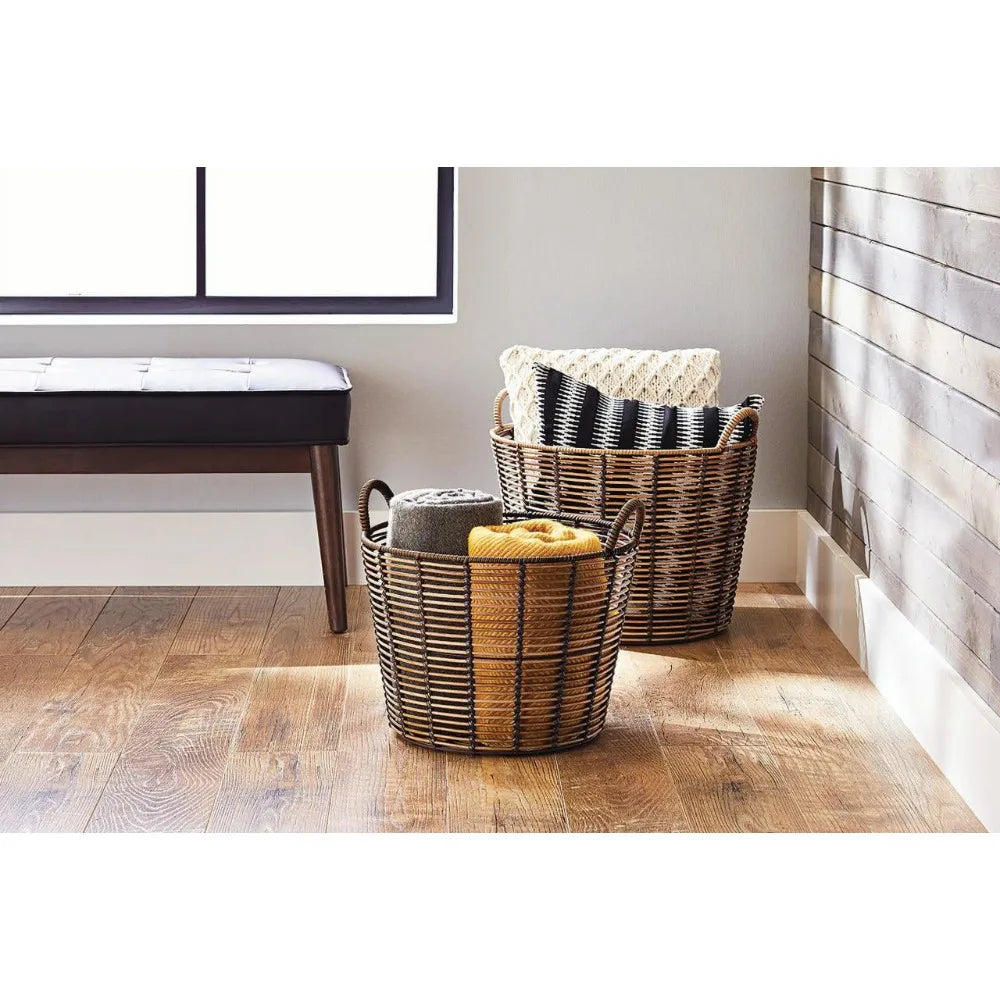 (2 pack)  Extra Large Round Poly Rattan Decorative Storage Basket with Handles, 18.7 in x 16 in