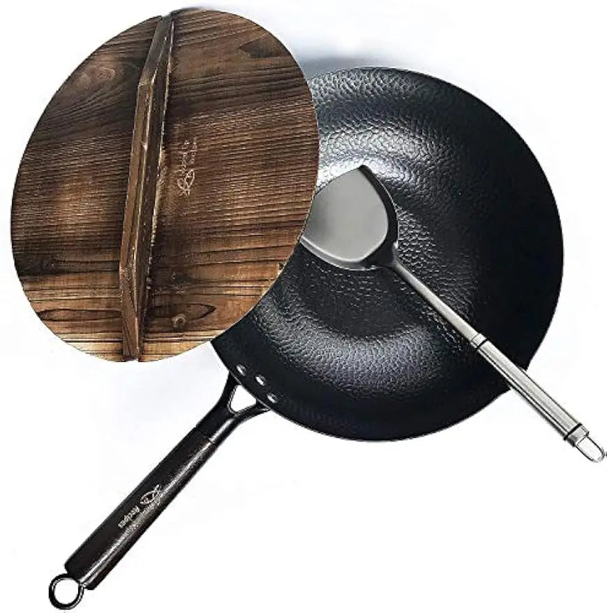 Wok w/  Wood Lid & Utensil, 12.5 In Steel for Electric, Induction