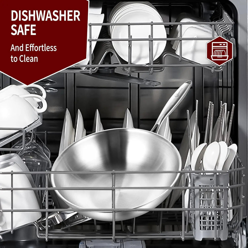 13-Inch Stainless Steel Wok Pan with Lid, Induction Compatible, Dishwasher & Oven Safe