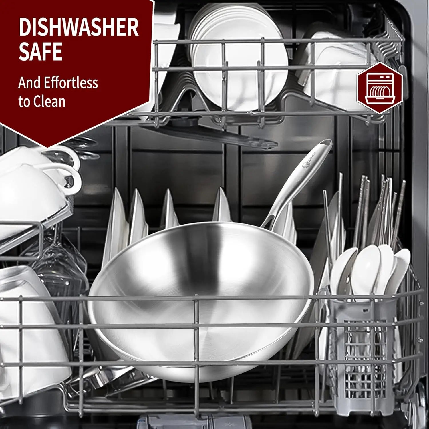 Wok Pan w/ Lid, 13-In Stainless Induction Compatible, Dishwasher & Oven Safe