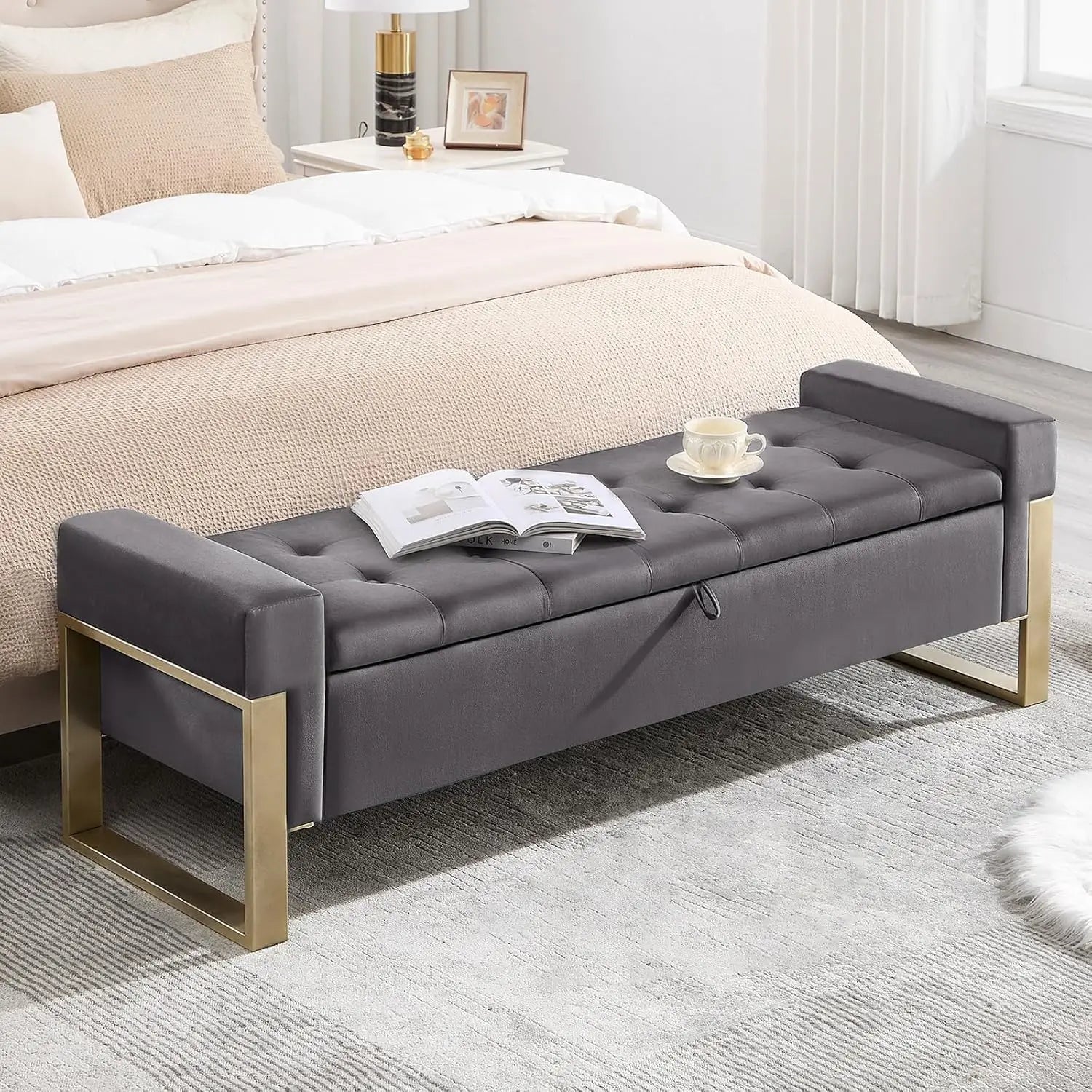 Ottoman Storage Bench, 67'' Upholstered Velvet