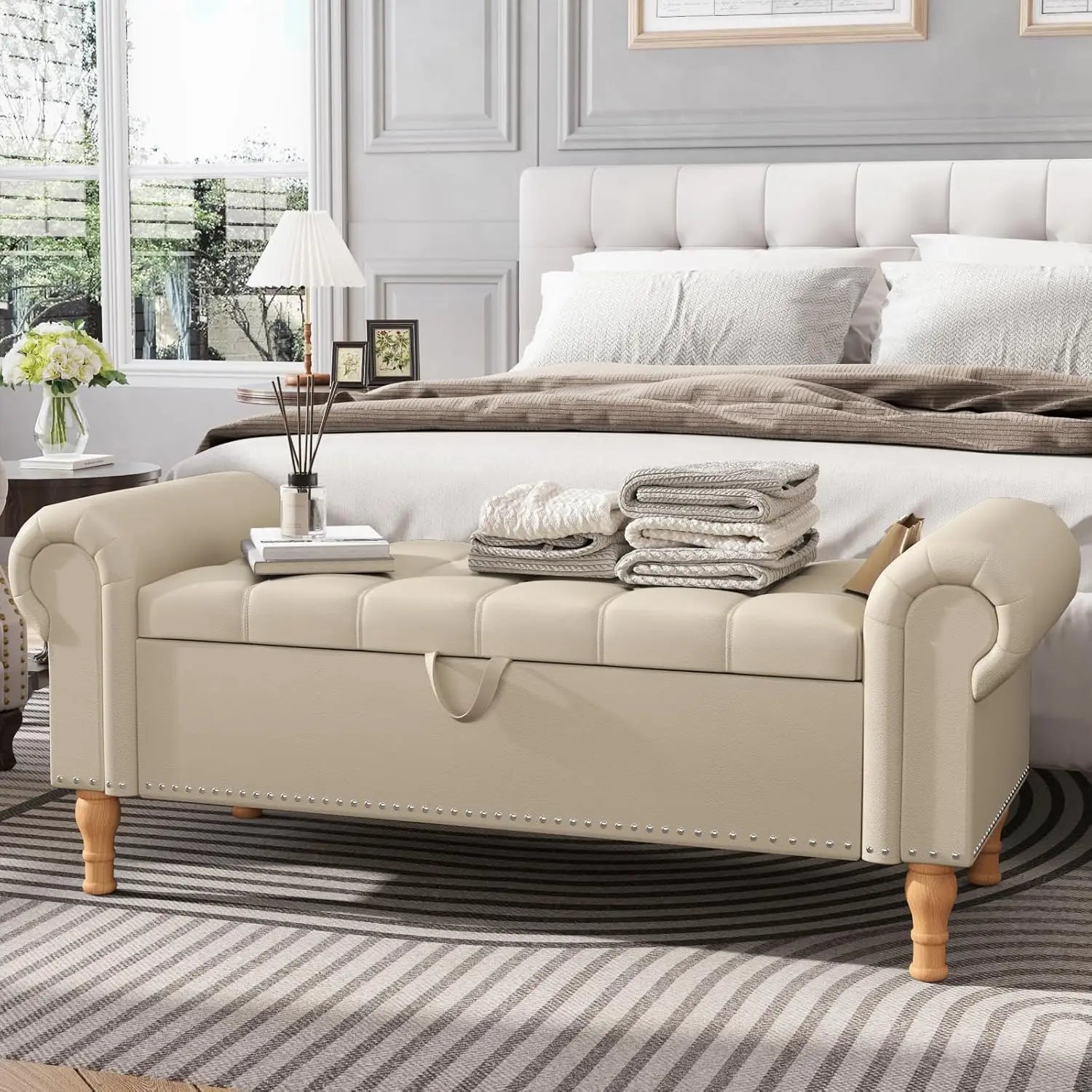 51” Bench with Storage, Upholstered Tufted Button Bedroom Bench with Storage, Faux Leather End of Bed Bench with, Customized