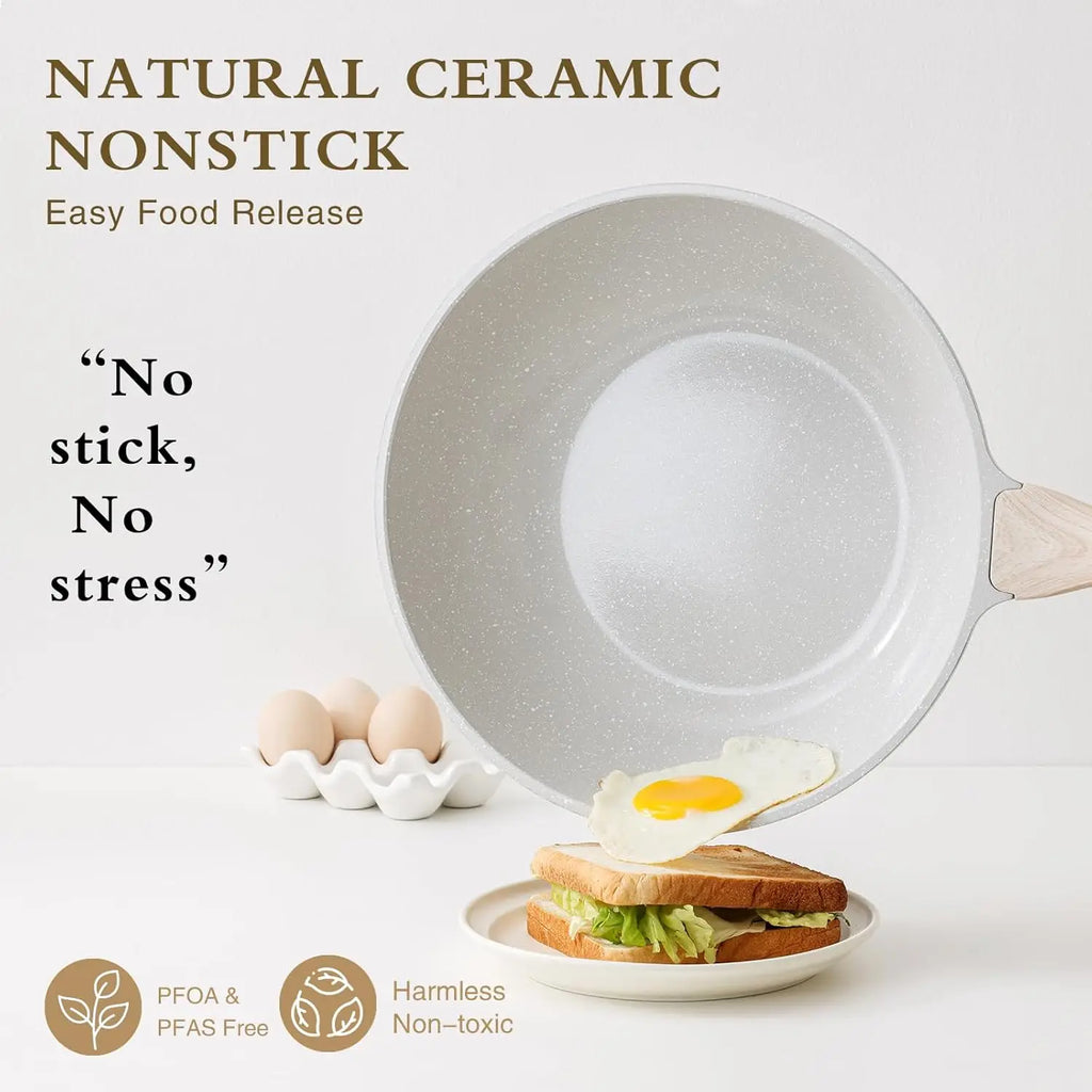 Wok w/ Glass Lid & Utensil, 12-In Non-stick Ceramic Induction Compatible