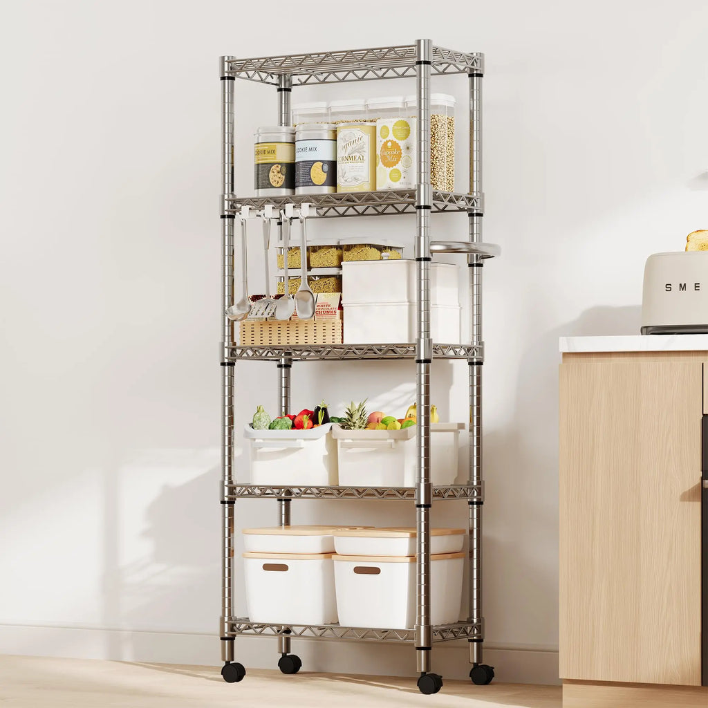 5-Tier Heavy Duty Storage Shelves 1100 LBS Metal Wire Rack Shelving with Lockable Wheels, 61" H Rolling Storage Rack for Kitchen
