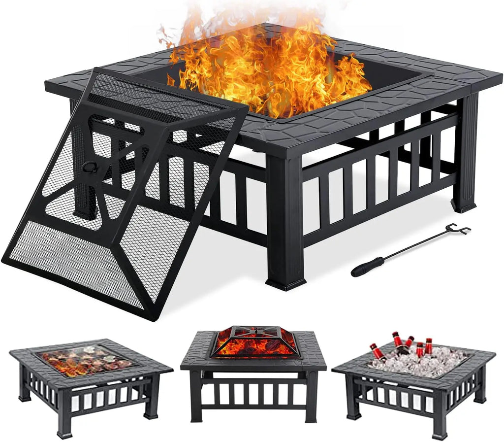Fire Pit Table 32" Wood Burning Grill w/ Spark Screen Poker