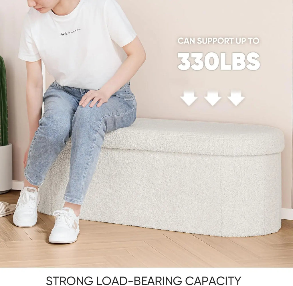 Foldable Storage Ottoman Bench with Sherpa Fabric, 43.3 Inches White Foot Rest for Living Room and Bedroom