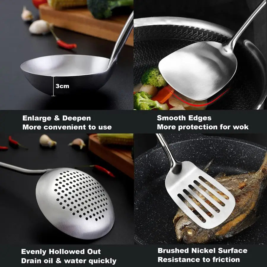 Wok Utensils, Stainless Steel 4 Pieces 17 Inch Wood Handle