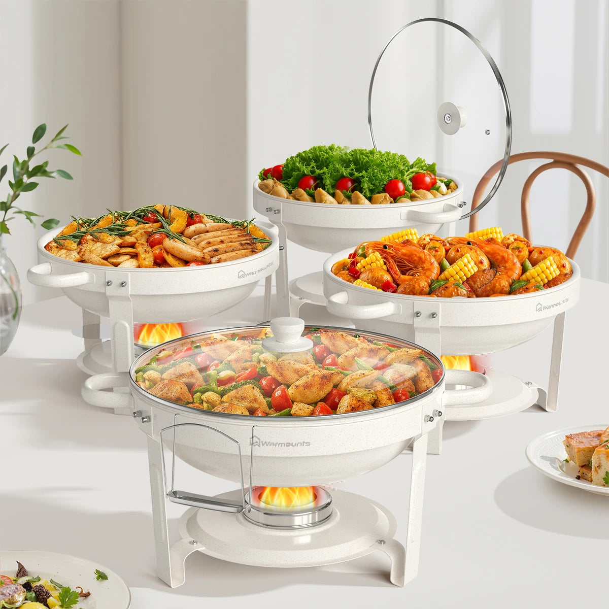 5QT 2Pack  4Pack  Fully Coated Round Chafing Dishes Buffet Set with Glass Lid White Style Chafer Water Pan