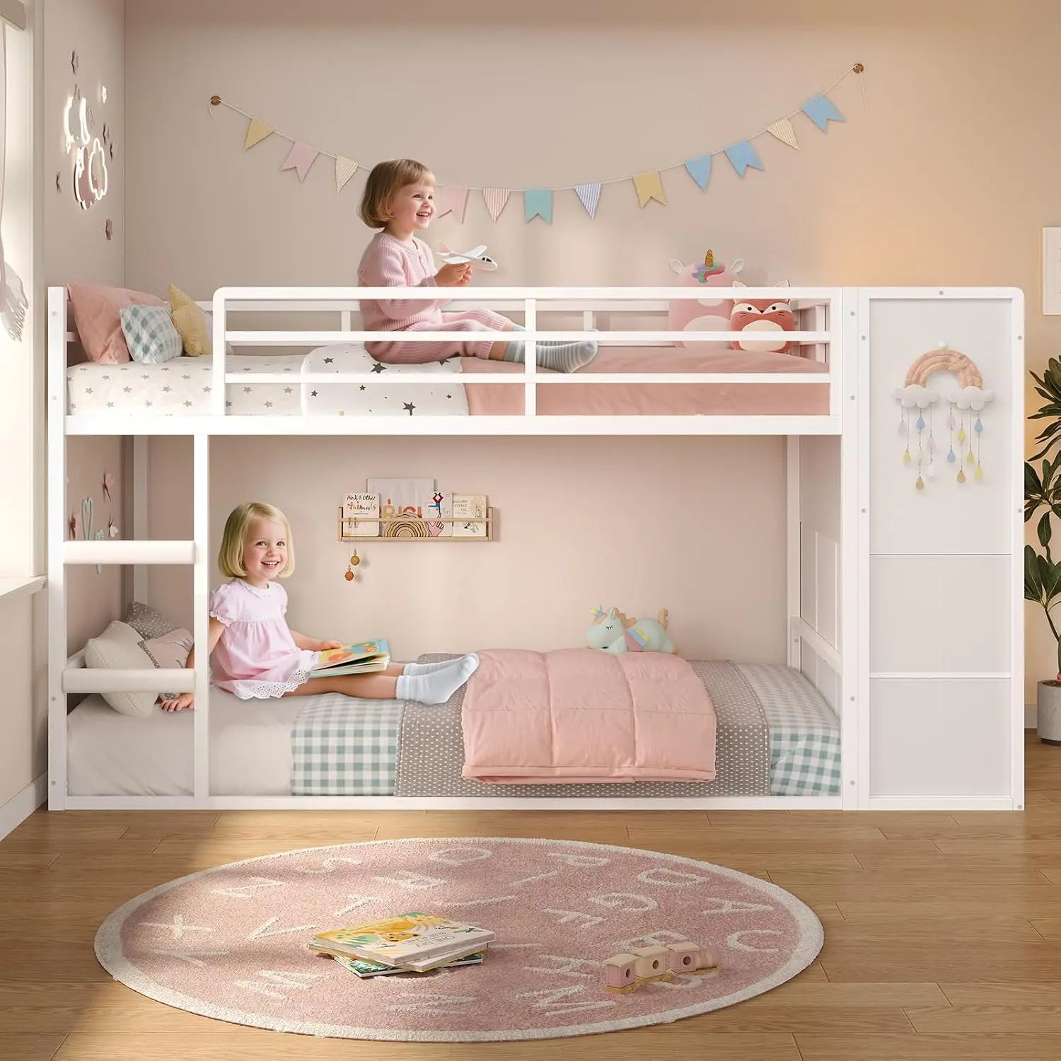 Bunk Bed Twin Over Twin with 6 Large Fabric Drawers & 4 Wooden Storage Bookshelf Organizer, Metal Low Bunk Bed for, Customized