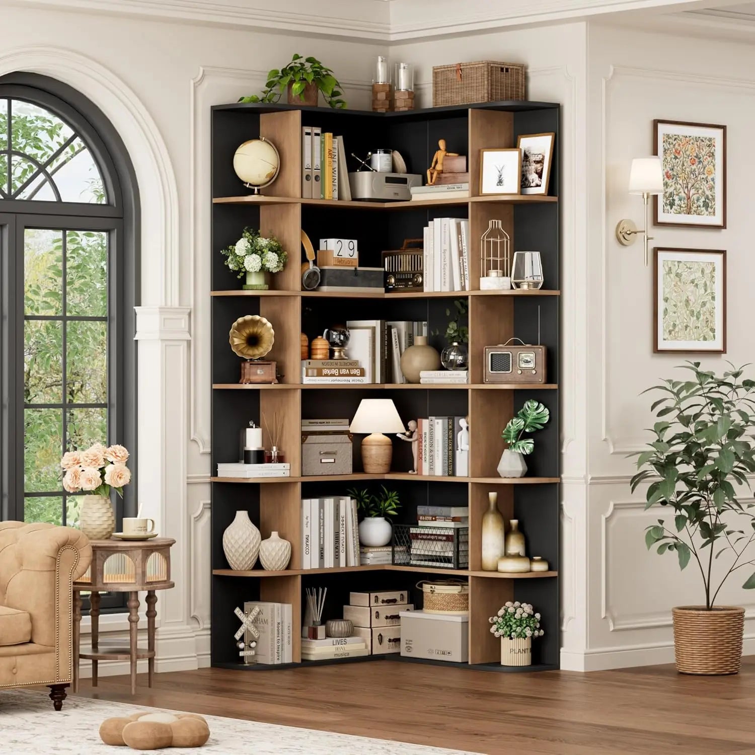 74” Tall Corner Bookshelf, 6-Tier Bookshelf and Bookcase with Open Storage, L Shaped Tall Bookcases Wooden Storage, Customized