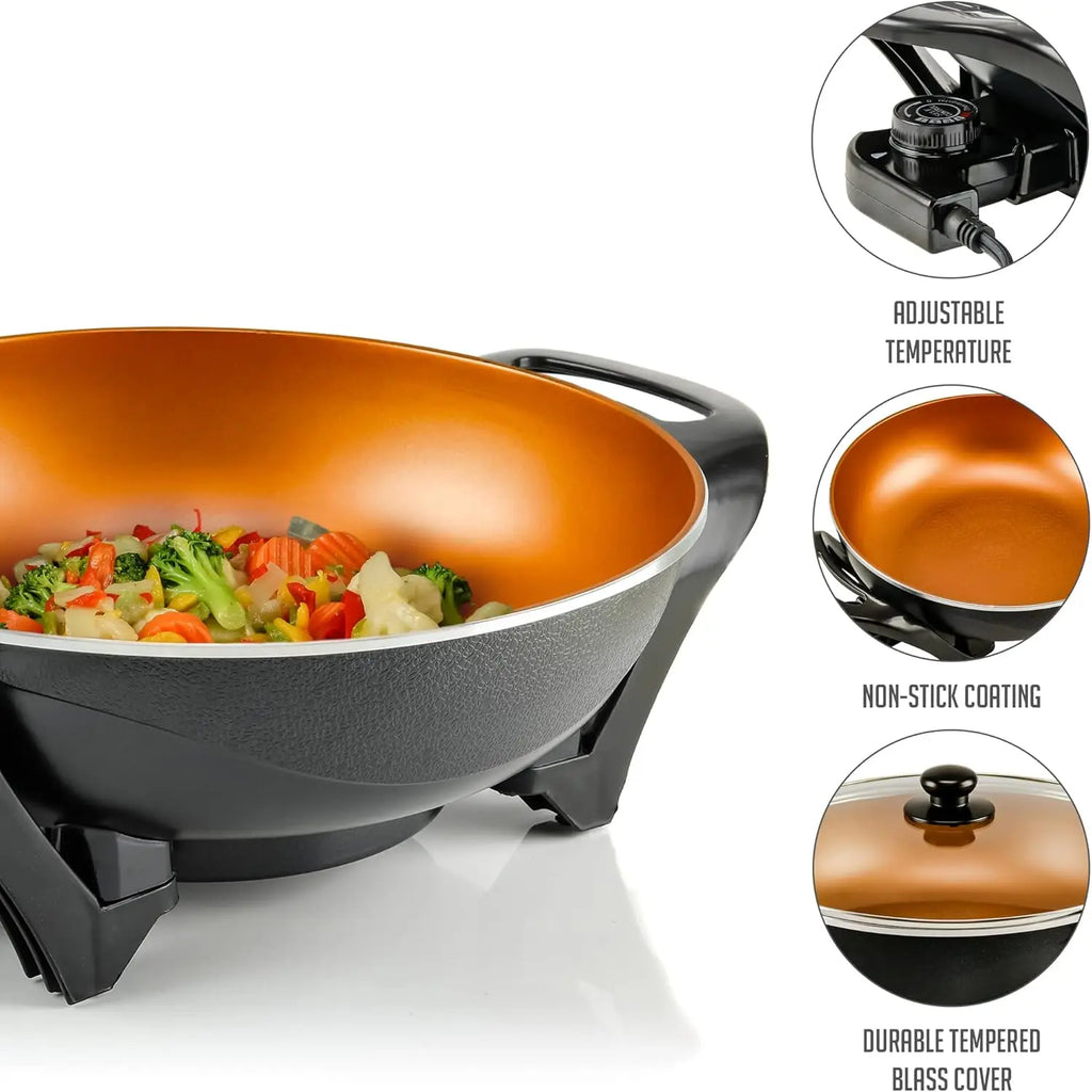 Wok w/ Glass Lid, Electric 13-In Nonstick