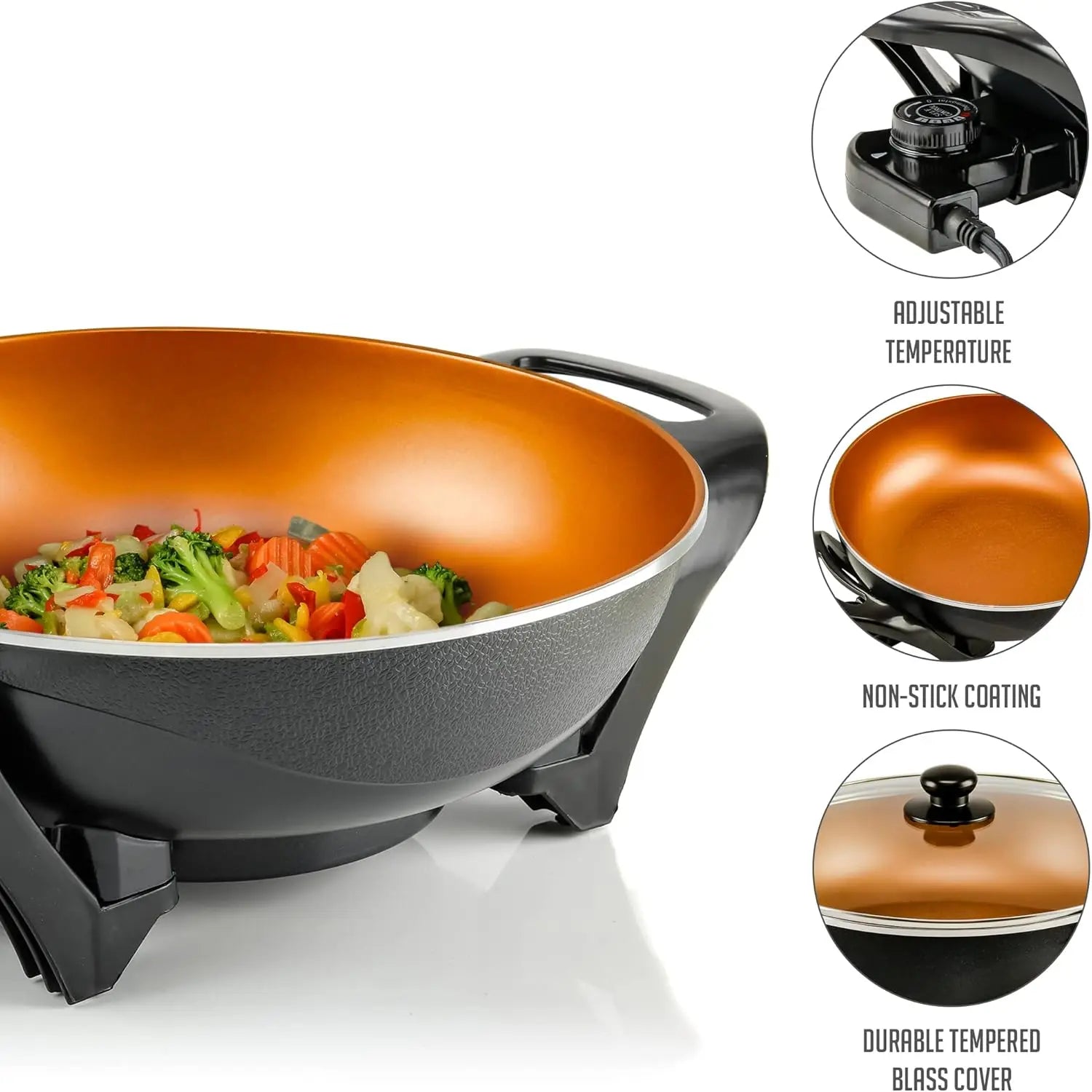 Wok w/ Glass Lid, Electric 13-In Nonstick