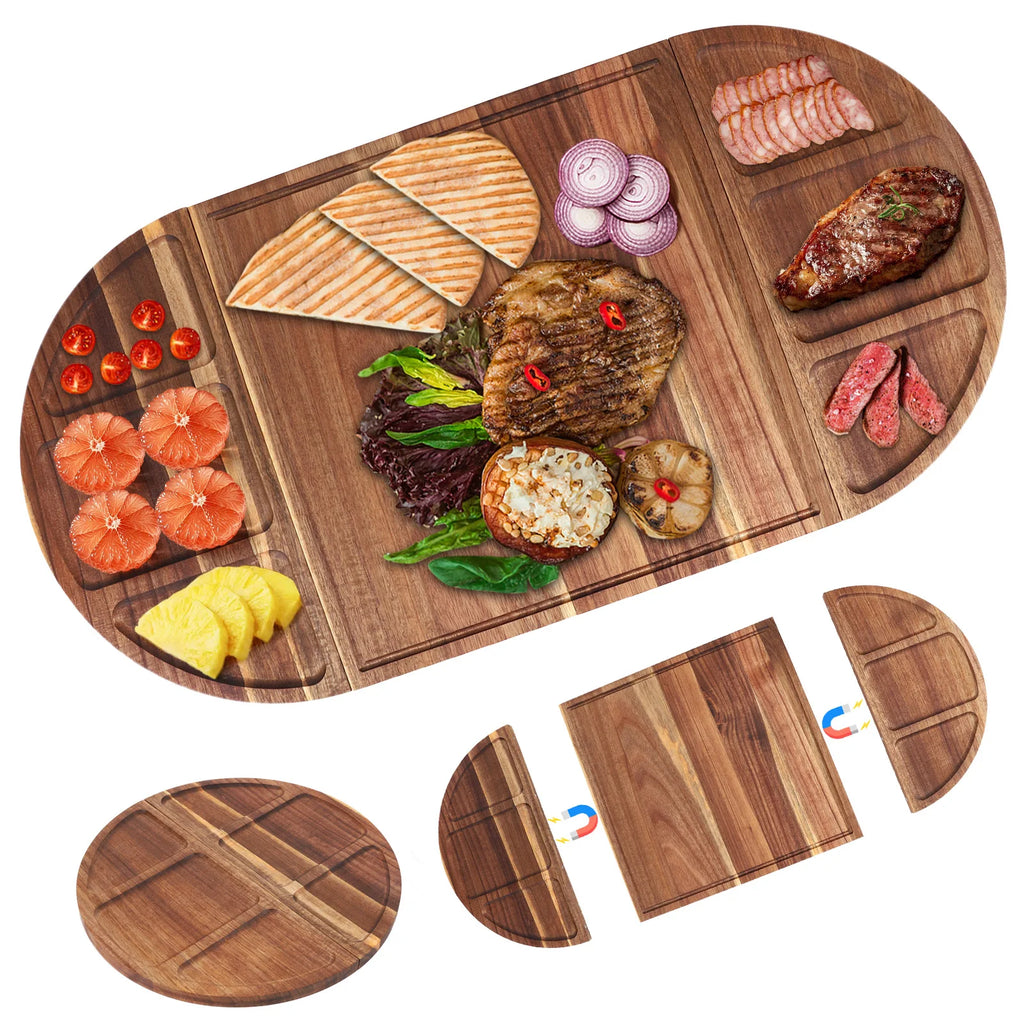 Acacia Wood Serving Tray Charcuterie Tray Multi-Function Charcuterie Platter with Grooves Magnetic for Fruits Vegetables