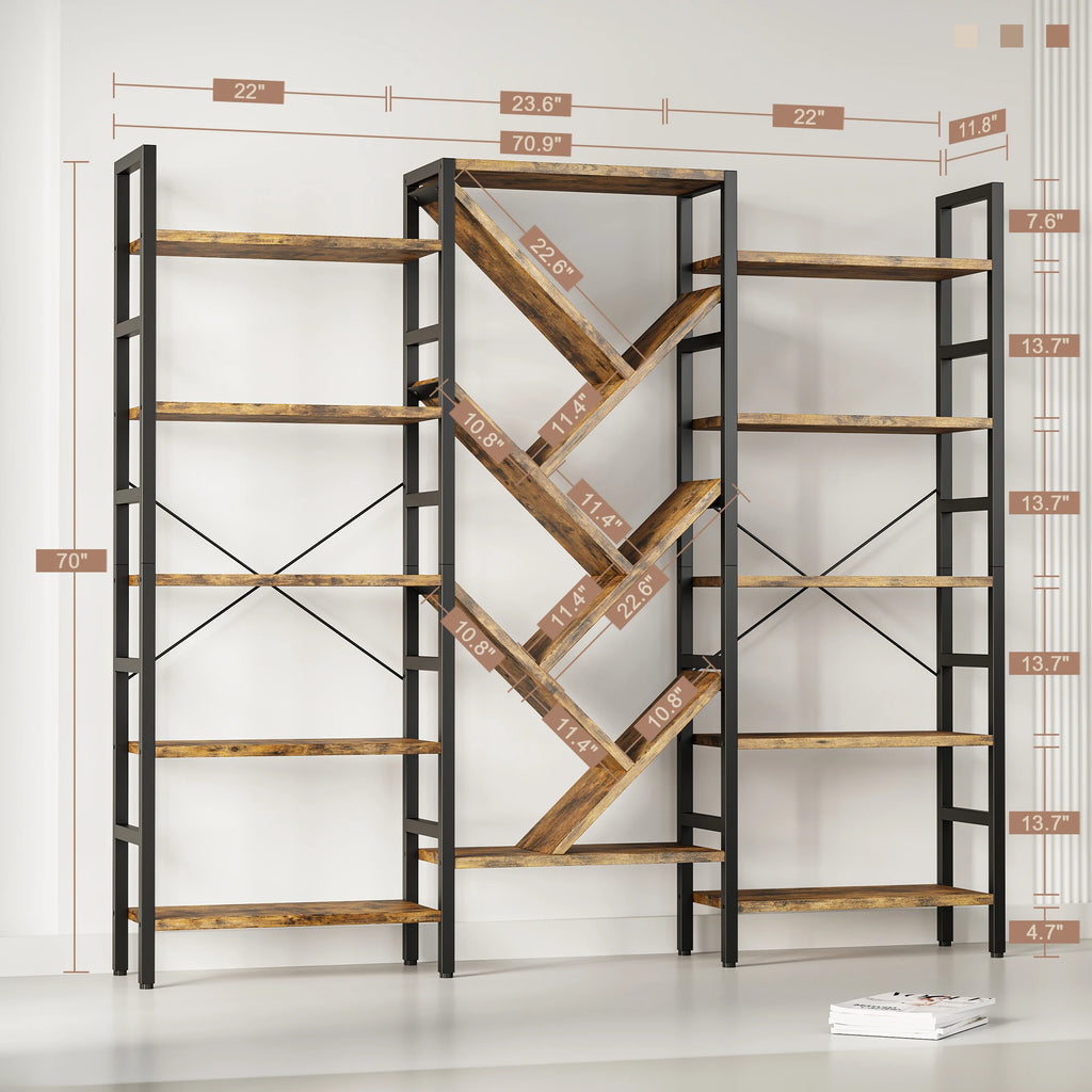 Triple 5 Tier Bookshelf, Large Wooden Bookcase with 17 Open Display Shelves, Modern Tree Book Shelf Metal Frame Tall Bookshelves