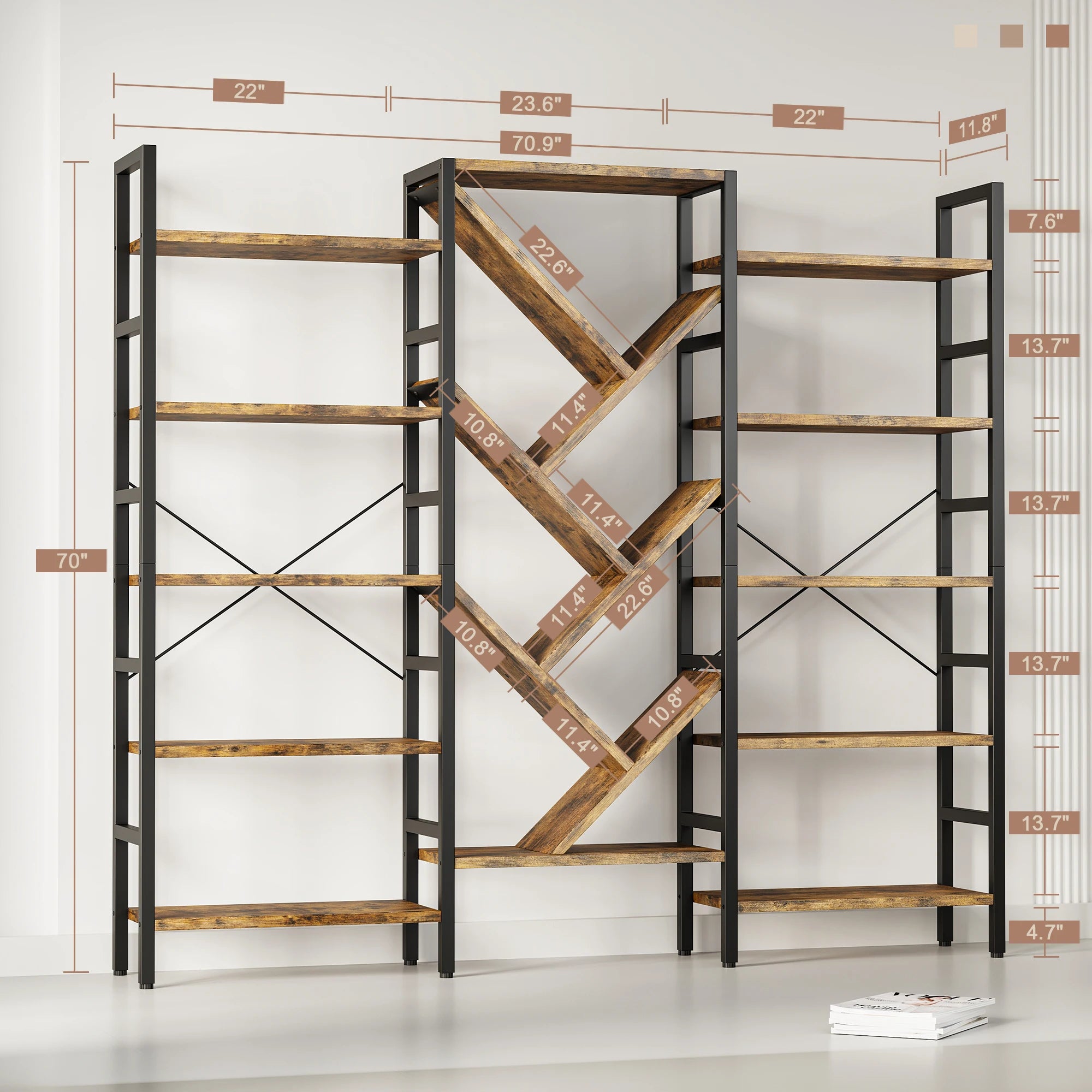 Triple 5 Tier Bookshelf, Large Wooden Bookcase with 17 Open Display Shelves, Modern Tree Book Shelf Metal Frame Tall Bookshelves