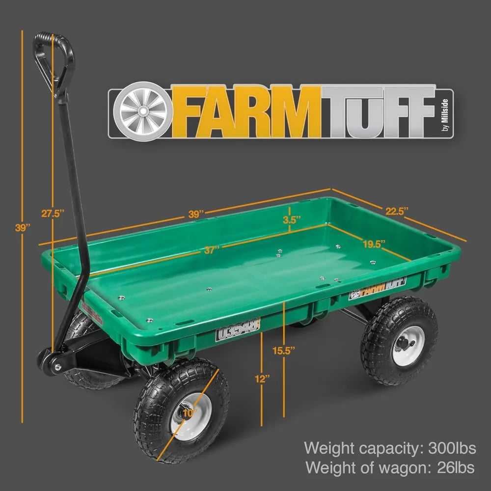 Heavy-Duty 300lb Garden Wagon with Pneumatic Tires, 38"x20" Utility Cart for Yard Work & Landscaping