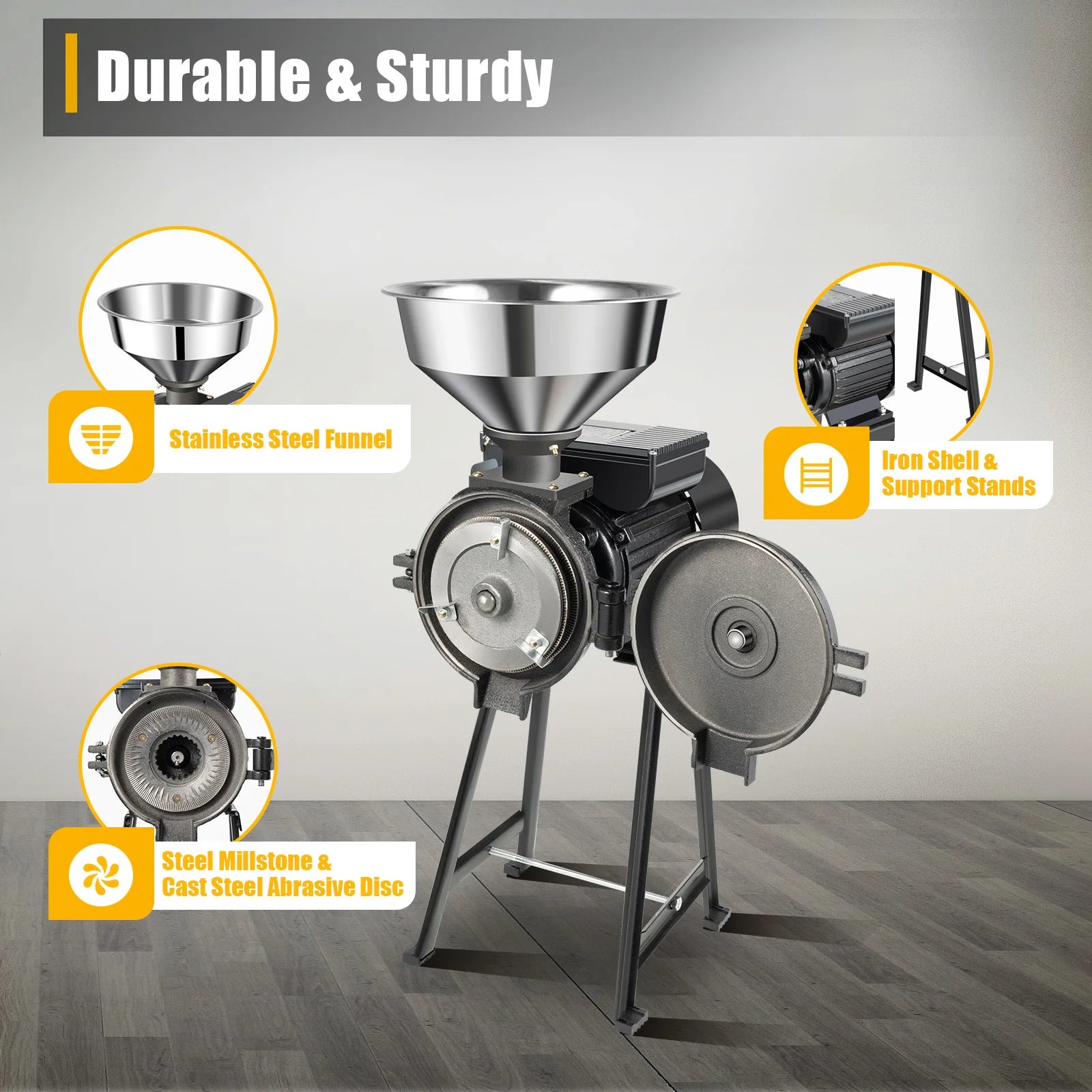 1500W Electric Grain Mill Stainless Steel Grinder 70kg h Capacity for Corn Wheat Beans