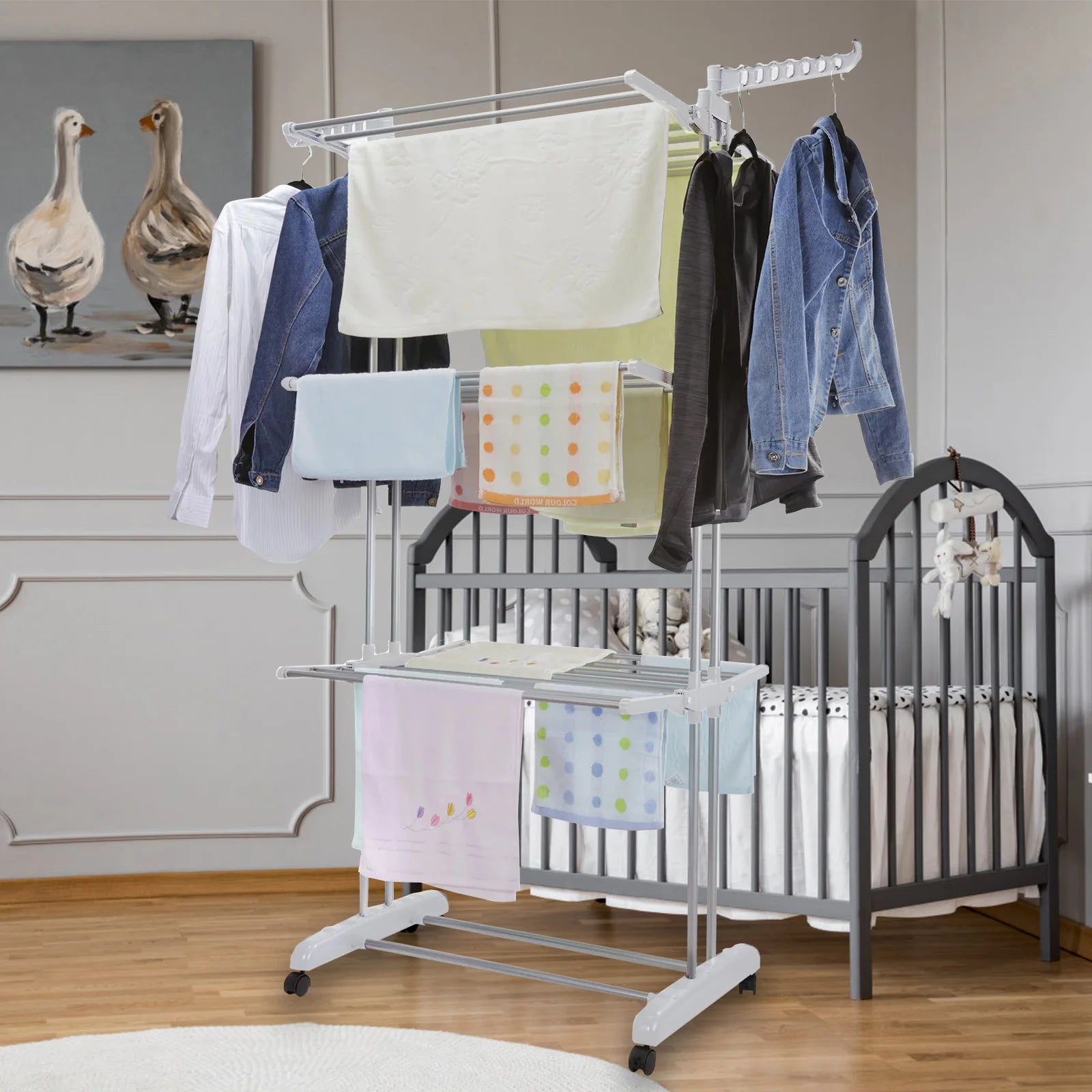 4-Tier Clothes Drying Rack Foldable Expandable Rack Large Movable with Wheels Space Saving Multi-functional Indoor & Outdoor