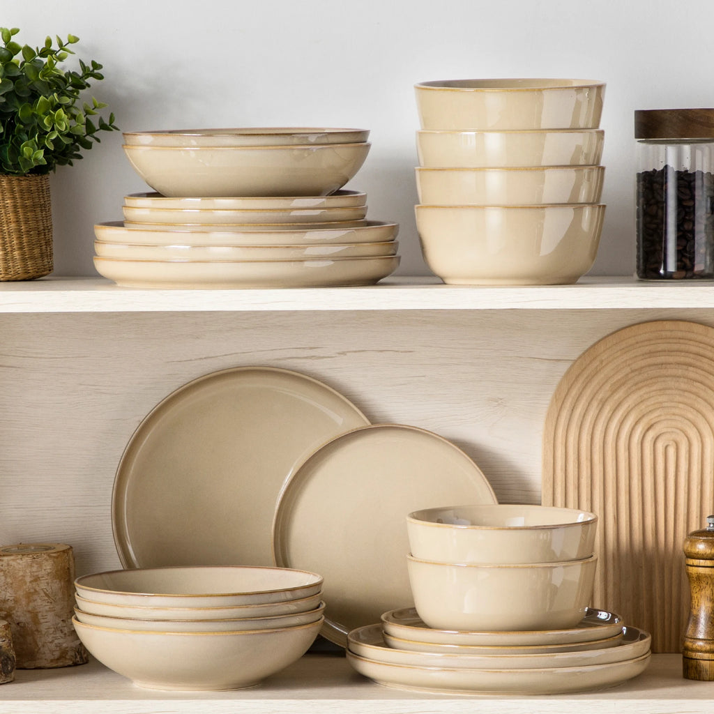 vancasso 12/16/18/24 Piece Light-Brow Reactive Glaze Stoneware Plates Set Dinnerware Sets with 4/6 pcs Dinner Plate/Dessert/Bowl