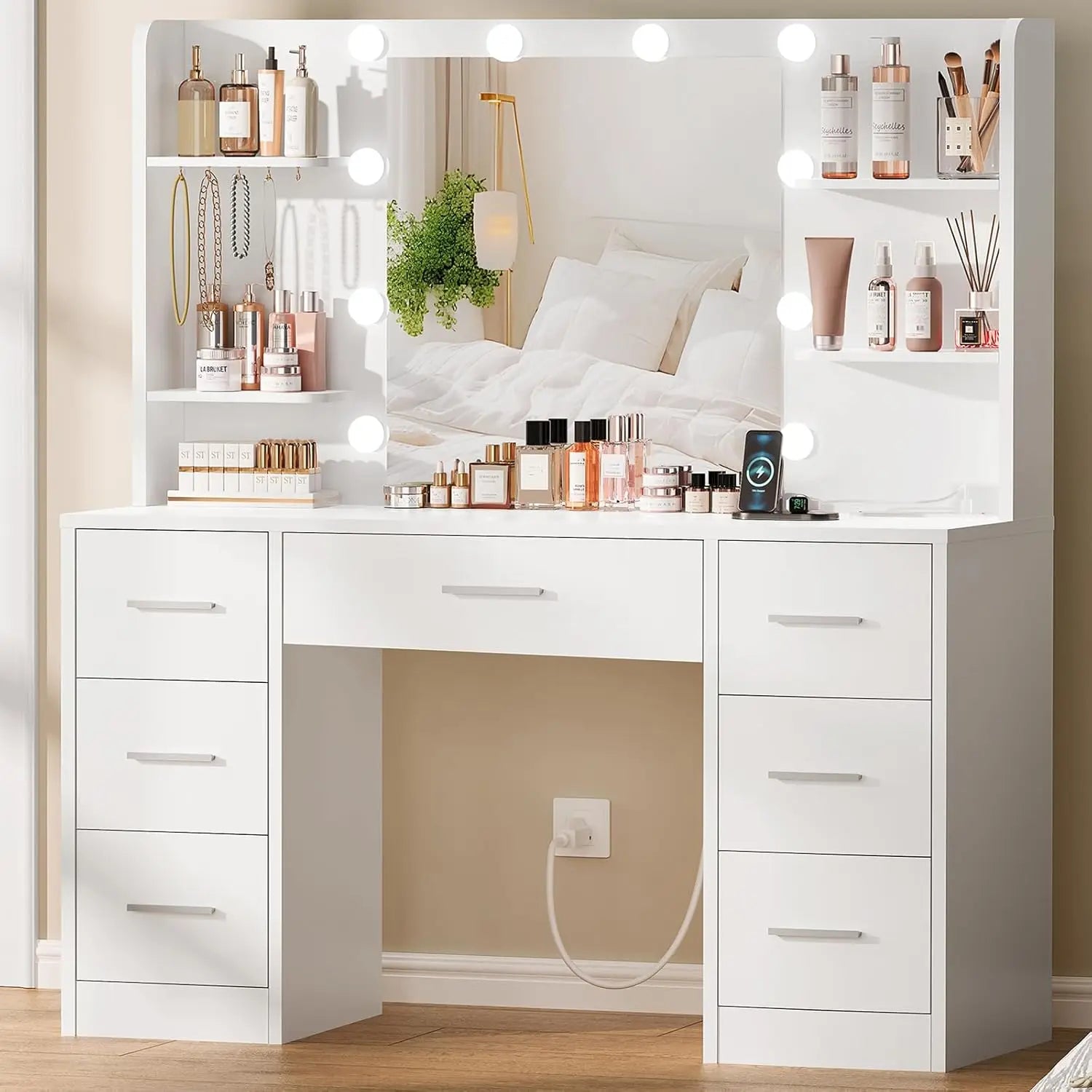 Large Vanity Desk with LED Mirror & Power Outlet 7 Drawers 4 Shelves 5 Hooks Bedroom Bathroom White, Customized